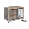 Furniture Style Dog Crate Side Table With Rotatable Feeding Bowl, Wheels, Three Doors, Flip-Up Top Opening. Indoor, Grey, 43.7"W x 30"D x 33.7"H